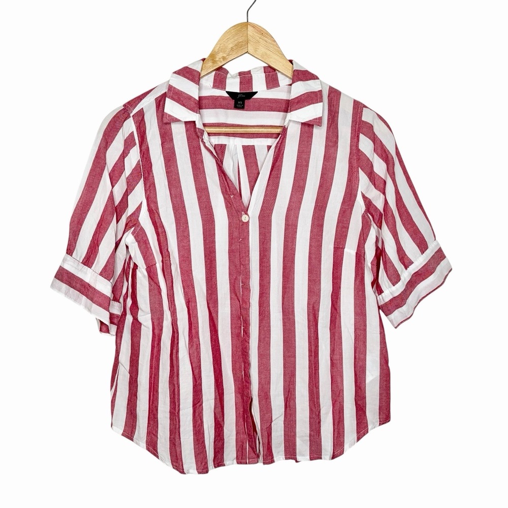 J Crew Red White Striped Button Up Short Sleeve Shirt Womens XS Nautical Preppy